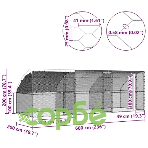 Клетка за пилета с покрив и врати сребриста поцинкована стомана 600x200x198.5 см ➤ топ цена ➤ sorbe.bg