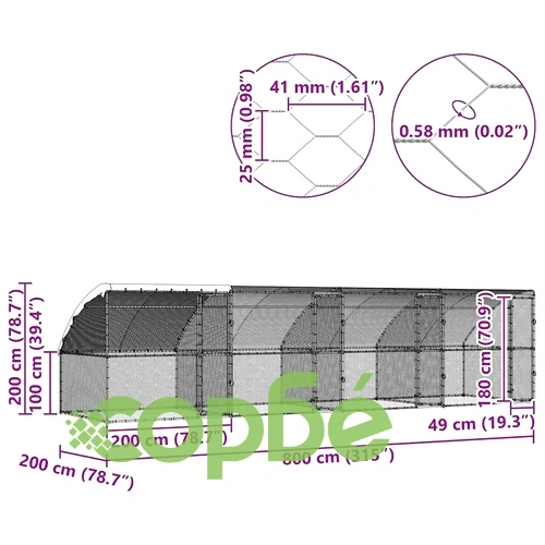 Клетка за пилета с покрив и врати сребриста поцинкована стомана 800x200x198.5 см ➤ топ цена ➤ sorbe.bg