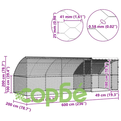 Клетка за пилета с покрив и врати сребриста поцинкована стомана 600x200x198.5 см ➤ топ цена ➤ sorbe.bg