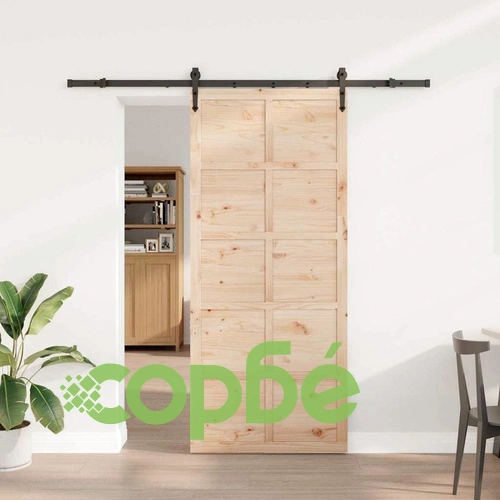 Плъзгаща се врата с комплект аксесоари 90x208 см борово дърво масив кафяво ➤ топ цена ➤ sorbe.bg