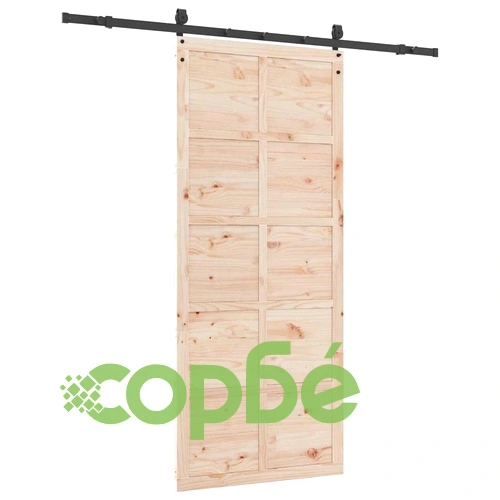 Плъзгаща се врата с комплект аксесоари 90x208 см борово дърво масив кафяво ➤ топ цена ➤ sorbe.bg