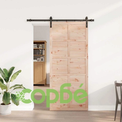 Плъзгаща врата с хардуер комплект 80 x 208 см борово дърво масив кафяво ➤ топ цена ➤ sorbe.bg