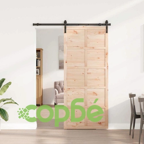 Плъзгаща врата с хардуер комплект 80 x 208 см борово дърво масив кафяво ➤ топ цена ➤ sorbe.bg