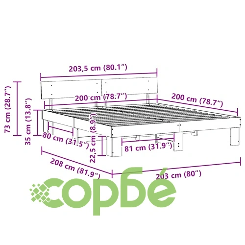 Рамка за легло с табла Восъчнокафяв 200x200 см Борово дърво масив ➤ топ цена ➤ sorbe.bg