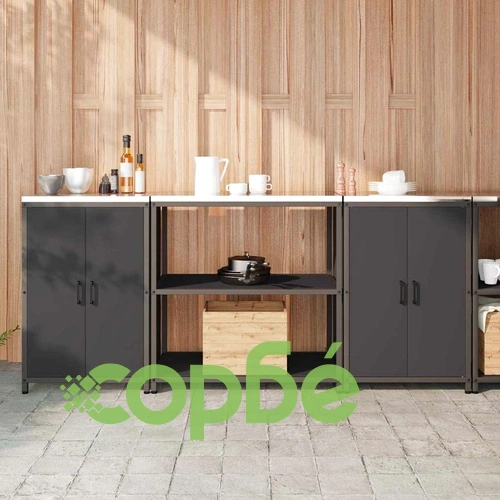 Комплект за кухненско съхранение 3 части от студено валцована стомана - черен 210x50x92 см ➤ топ цена ➤ sorbe.bg