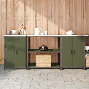Комплект кухненско съхранение 3 части от студено валцована стомана - маслинено зелено 210x50x92 см