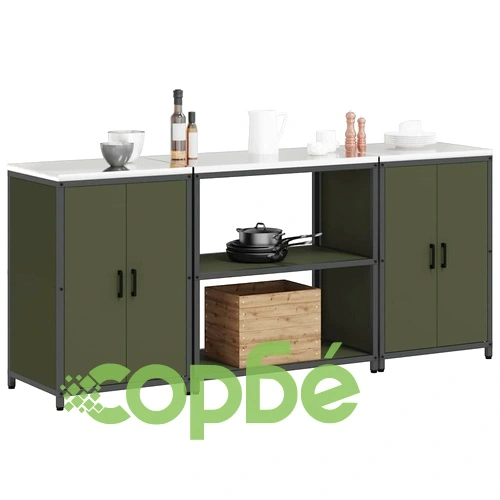 Комплект кухненско съхранение 3 части от студено валцована стомана - маслинено зелено 210x50x92 см ➤ топ цена ➤ sorbe.bg