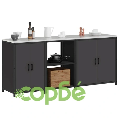 Комплект кухненски шкафове за съхранение 3 части от студено валцована стомана - черен цвят 210x50x92 см ➤ топ цена ➤ sorbe.bg