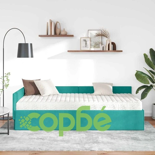 Ъглова рамка за легло с матрак, кадифе, тюркоаз, 90x200 см ➤ топ цена ➤ sorbe.bg