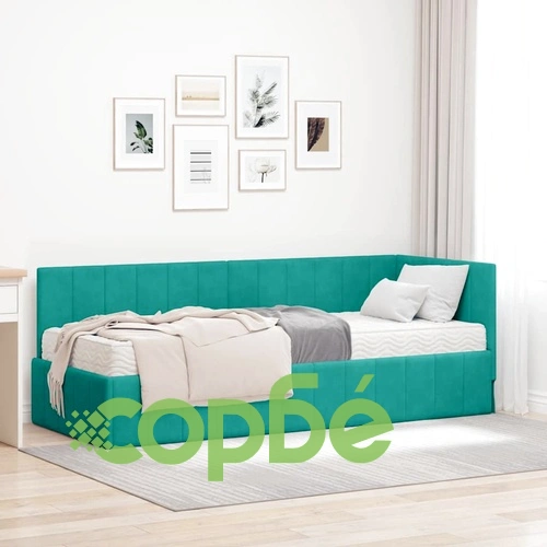 Ъглова рамка за легло с матрак от кадифе тюркоаз 80x200 см ➤ топ цена ➤ sorbe.bg