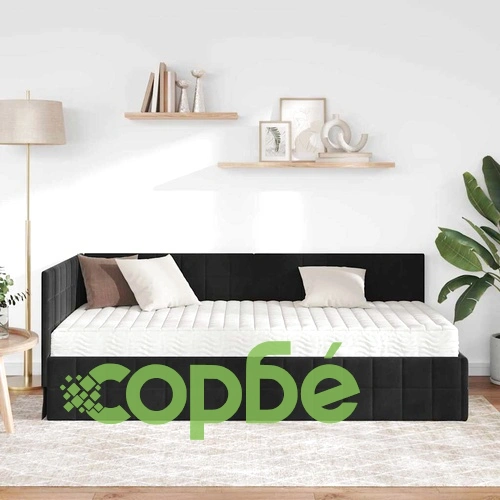 Ъглова рамка за легло с матрак и табло, 90x200 см, Черно кадифе ➤ топ цена ➤ sorbe.bg