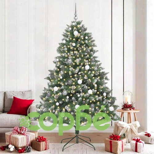 Изкуствена коледна елха с LED светлини и топки PVC 140x140x210 см зелена ➤ топ цена ➤ sorbe.bg