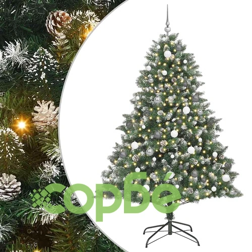 Изкуствена коледна елха с LED светлини и топки PVC 140x140x210 см зелена ➤ топ цена ➤ sorbe.bg