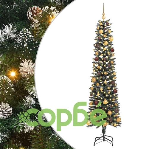 Изкуствено коледно дърво с топки и LED светлини PVC зелено 210 см ➤ топ цена ➤ sorbe.bg