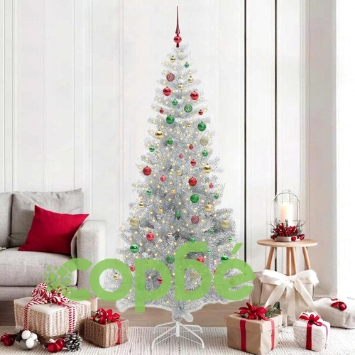 Коледно дърво PET със стойка и 300 LED светлини сребрист 210 cm ➤ топ цена ➤ sorbe.bg