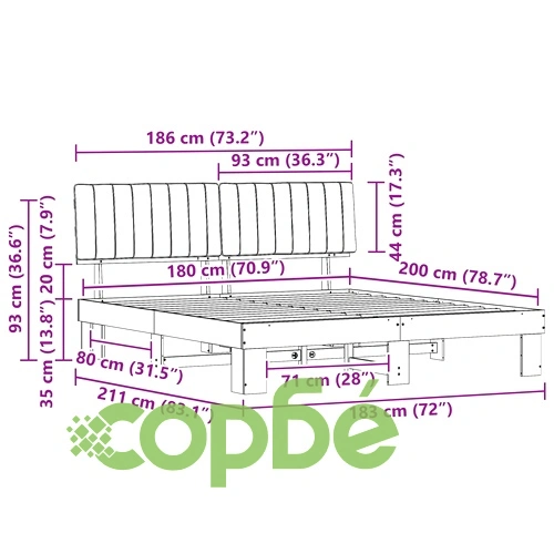 Леглова рамка с тапицирана табла от борово дърво светлосиво 180x200 см ➤ топ цена ➤ sorbe.bg