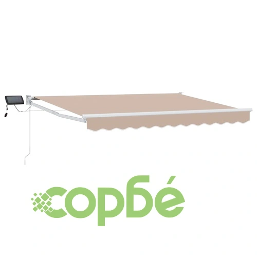 Ръчен изтеглящ сенник със соларни LED светлини, полиестер, 2,5 x 2 м, бежово и бяло ➤ топ цена ➤ sorbe.bg