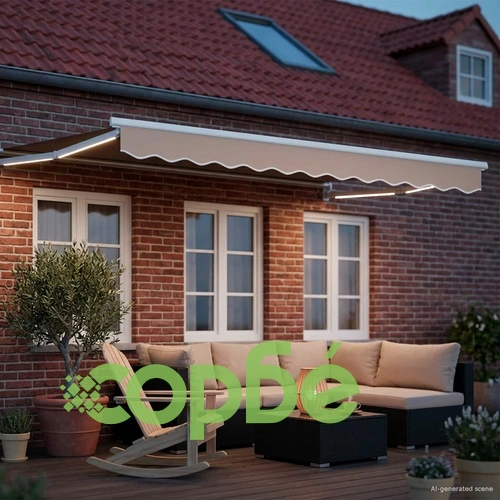 Ръчен изтеглящ сенник със соларни LED светлини, полиестер, 2,5 x 2 м, бежово и бяло ➤ топ цена ➤ sorbe.bg