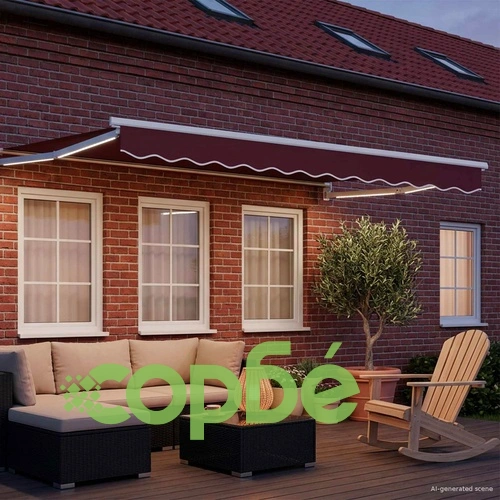Ръчен изтеглящ сенник със соларни LED светлини, полиестер, 3 x 2 м, Бордо и Бяло ➤ топ цена ➤ sorbe.bg