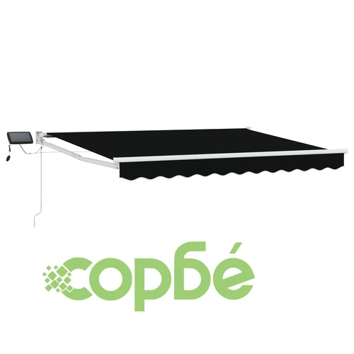 Ръчен прибиращ се сенник със соларни LED светлини, черно-бял, 3 x 2,5 м, полиестер с ПУ покритие ➤ топ цена ➤ sorbe.bg