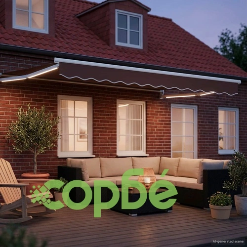 Ръчен сенник със соларни LED светлини, полиестер, 3,5 x 2,5 м, кафяво-бял ➤ топ цена ➤ sorbe.bg