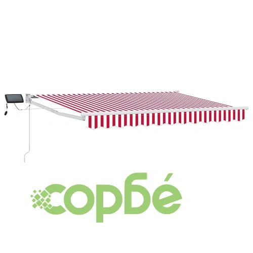 Прибираема тераса маркиза със соларни LED лампи, червено и бяло, 3,5 x 2,5 м ➤ топ цена ➤ sorbe.bg