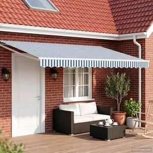 Електрически сенник с LED осветление, синьо и бяло, алуминий, 5 x 3 м