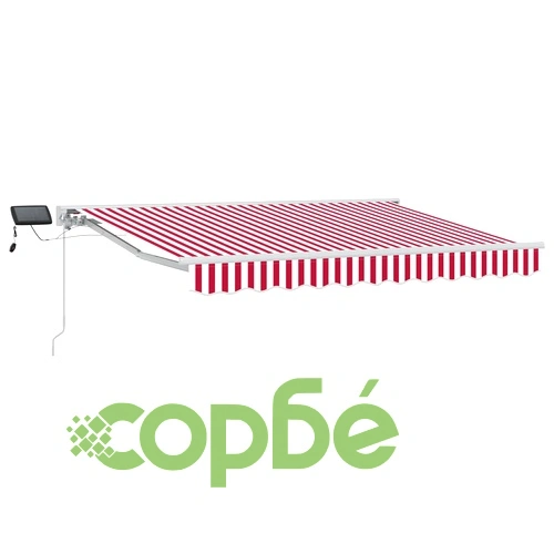 Ръчен сенник с LED осветление, алуминиева рамка, 3 x 2,5 м, червено и бяло ➤ топ цена ➤ sorbe.bg