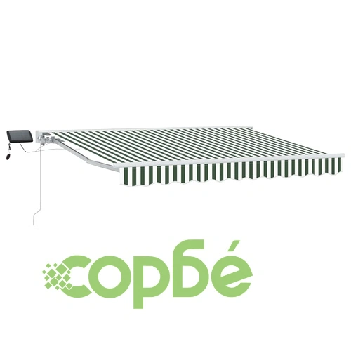 Ръчна тента с LED осветление, алуминиева рамка, зелено-бяла, 3,5 x 2,5 м ➤ топ цена ➤ sorbe.bg