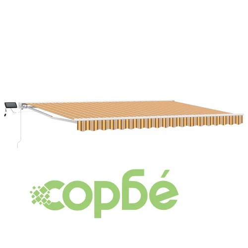 Ръчна тераса сенник с LED осветление, алуминиева рамка, 4 x 3,5 м, жълто-сиво-бяло ➤ топ цена ➤ sorbe.bg