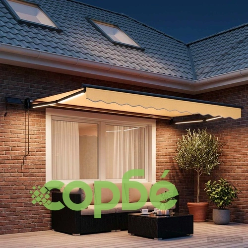 Ръчен изтеглящ се сенник с LED светлини и соларно захранване, 2.5 x 2 м, пясъчен ➤ топ цена ➤ sorbe.bg