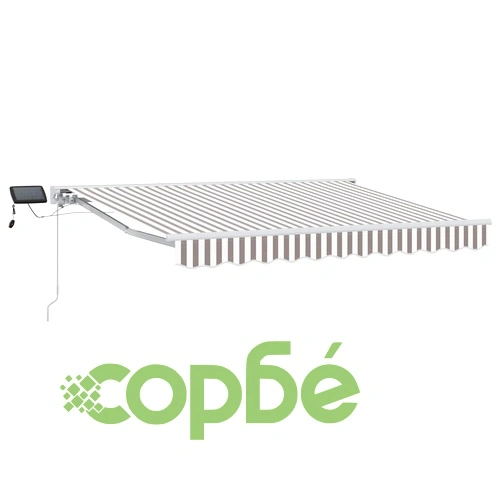 Ръчна тента с LED осветление, алуминиева рамка, 4,5 x 3 м, светлосиво и бяло ➤ топ цена ➤ sorbe.bg