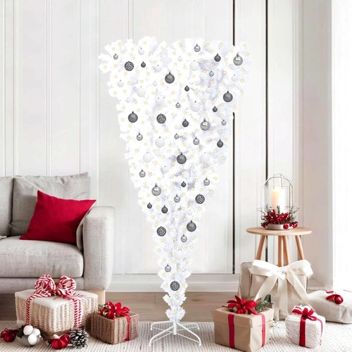 Изкуствена коледна елха с поставка, 180 cm, PVC и стомана, бяла, с LED осветление ➤ топ цена ➤ sorbe.bg