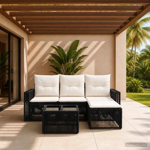 Градински Комплект Диван от Полиратан 5 части, Черно и Кремаво Бяло ➤ топ цена ➤ sorbe.bg