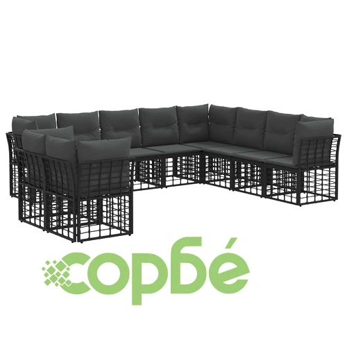 Градински комплект диван от полиратан, черен, 10 места ➤ топ цена ➤ sorbe.bg