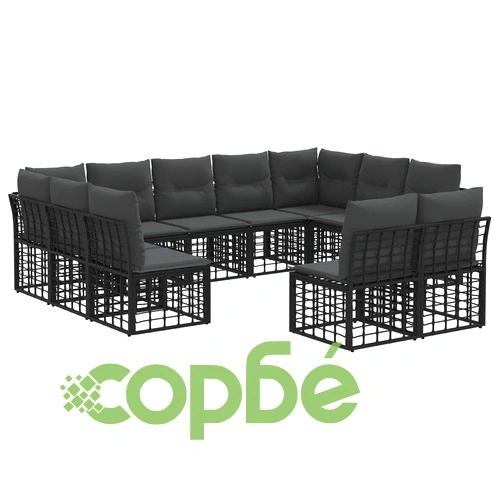 Градински диван комплект от polyratan, Черно и тъмно сиво, 11 места ➤ топ цена ➤ sorbe.bg