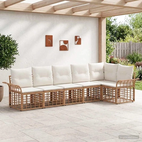 Комплект дивани за открито от полиратан, 6 части - естествено и кремавобяло ➤ топ цена ➤ sorbe.bg