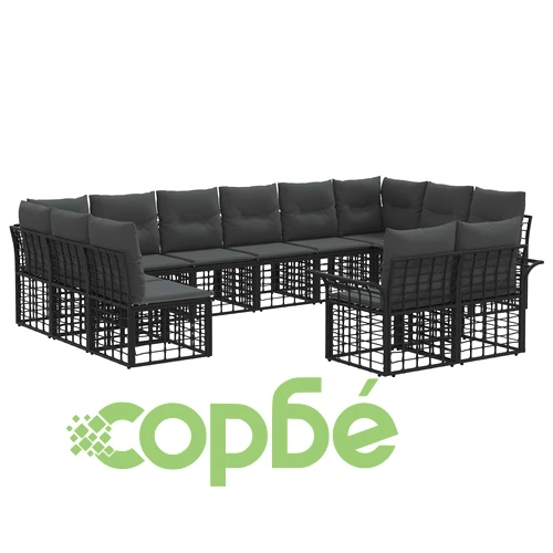 Комплект градински дивани 12 части - полиратан, черно и тъмно сиво ➤ топ цена ➤ sorbe.bg