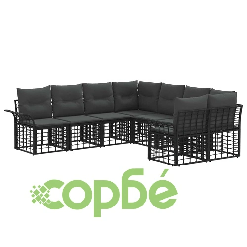Комплект модулни дивани за открито 8 части, полиратан и полиестер, черно и тъмно сиво ➤ топ цена ➤ sorbe.bg