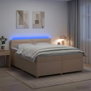Континентално легло с матрак и LED осветление, Кремаво, 200 x 200 см, Текстил