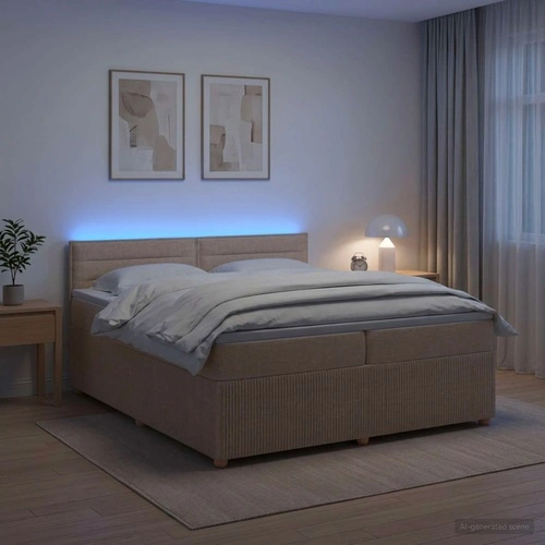 Континентално легло с матрак и LED осветление, Кремаво, 200 x 200 см, Текстил ➤ топ цена ➤ sorbe.bg