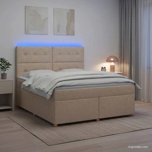 Континентално легло с матрак и LED осветление, кремаво, 160 x 200 см, текстил