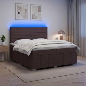 LED легло с матрак и табла с регулируема височина, тъмно кафяво, 200 x 200 см, текстил