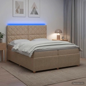 LED легло с матрак и LED ленти, Кремаво, 200 x 200 см, Текстил