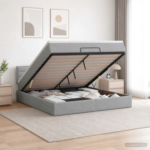 Отоман легло с матрак и LED осветление, Светлосиво, 180 x 200 см, Текстил ➤ топ цена ➤ sorbe.bg