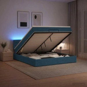Отоман легло с матрак и LED осветление, Синьо, 180 x 200 см, Текстил