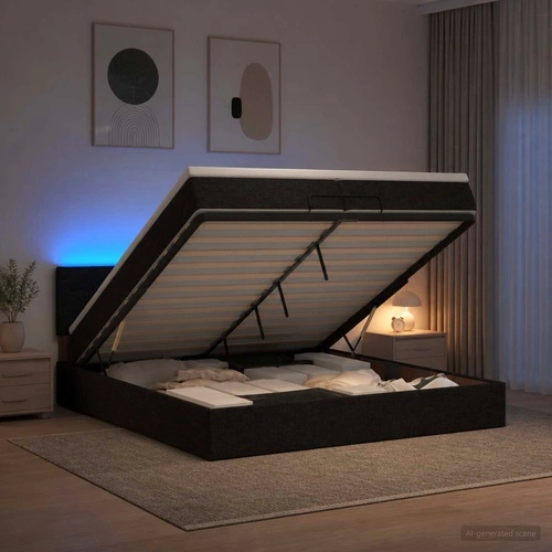 Отоман легло с матрак и LED осветление, 200 x 200 см, текстил, черно ➤ топ цена ➤ sorbe.bg