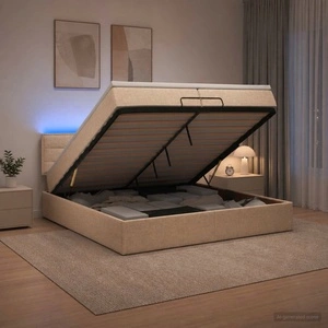 Отоман легло с матрак и LED осветление, Кремаво, 200 x 200 см, Текстил