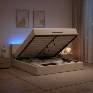 Отоман легло с матрак и LED осветление, Кремаво, 180 x 200 см, Текстил