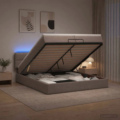 Отоман легло с матрак и LED осветление, Таупе, 200 x 200 см, текстил ➤ топ цена ➤ sorbe.bg